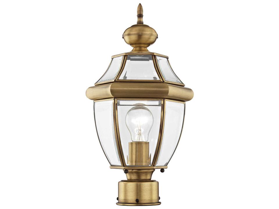 Monterey 1-Light Outdoor Post Light in Antique Brass with Clear Beveled Glass