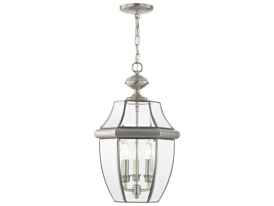 Monterey 3-Light Outdoor Pendant Lantern in Brushed Nickel with Clear Beveled Glass