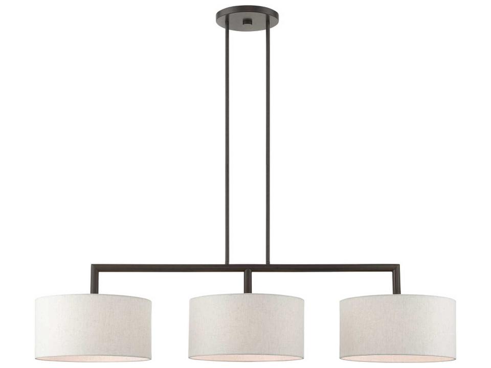 Meridian 3-Light Linear Chandelier in English Bronze with Oatmeal Shades