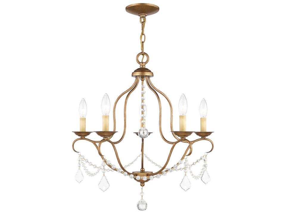 5-Light Chesterfield Chandelier Hand Applied Antique Gold Leaf with Clear Crystals