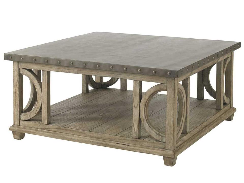 Twilight Bay Square Metal Coffee Table in Driftwood and Hammered Stainless Steel