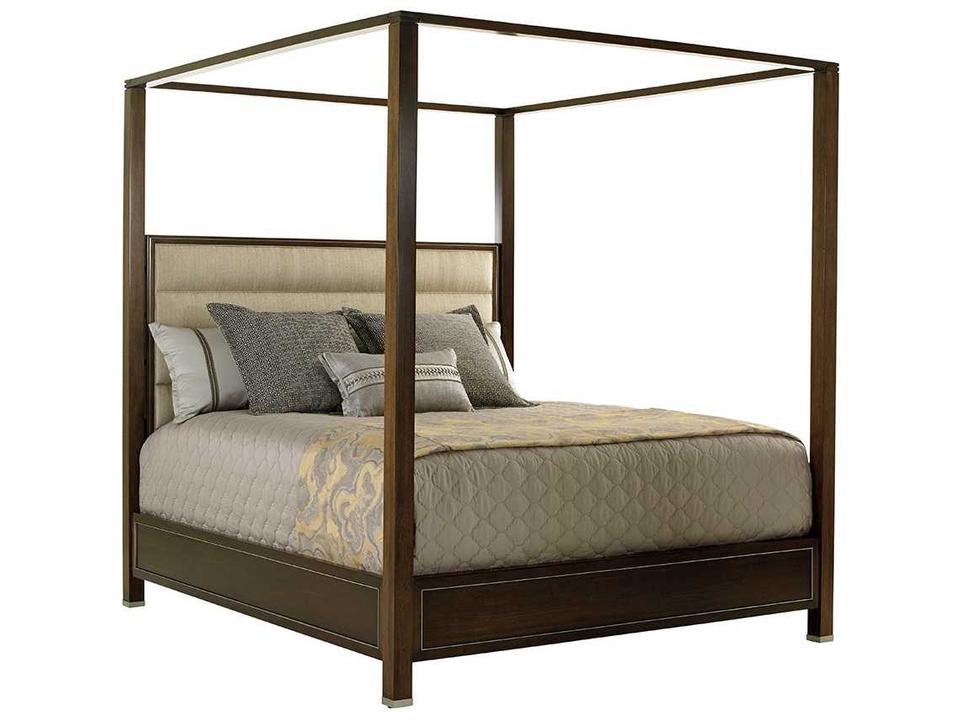 Macarthur Park Upholstered Queen Poster Bed in Walnut Brown with Stainless Accents