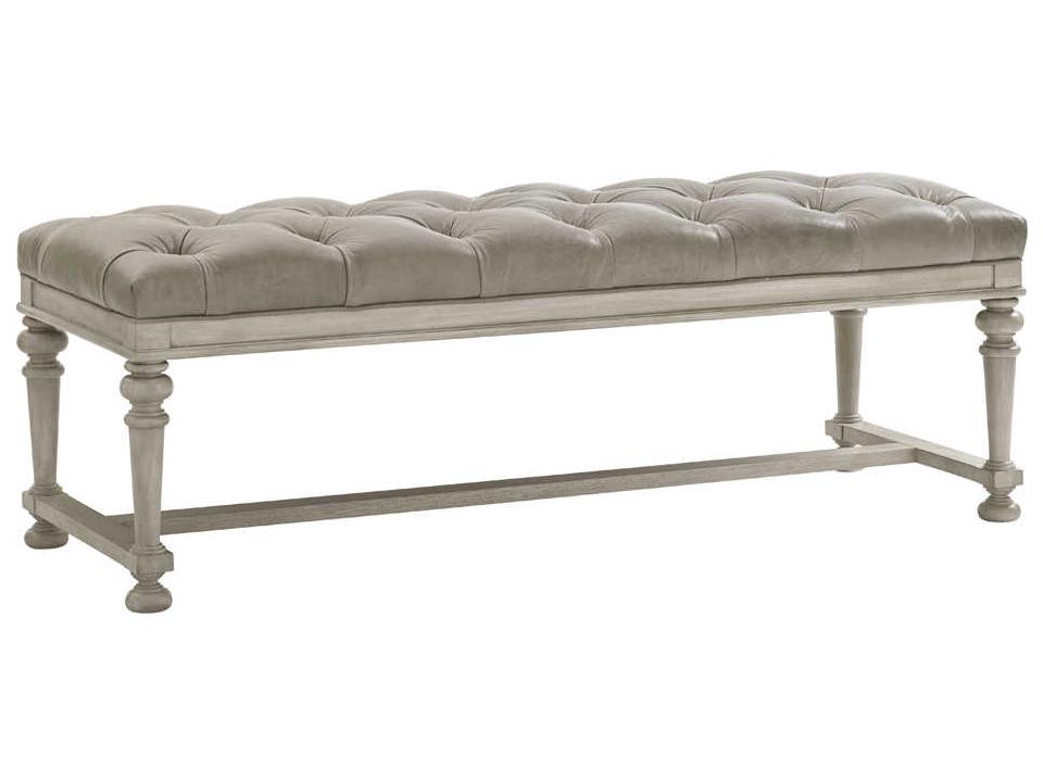 Oyster Bay Gray Leather Accent Bench with Button Tufting and Turned Legs