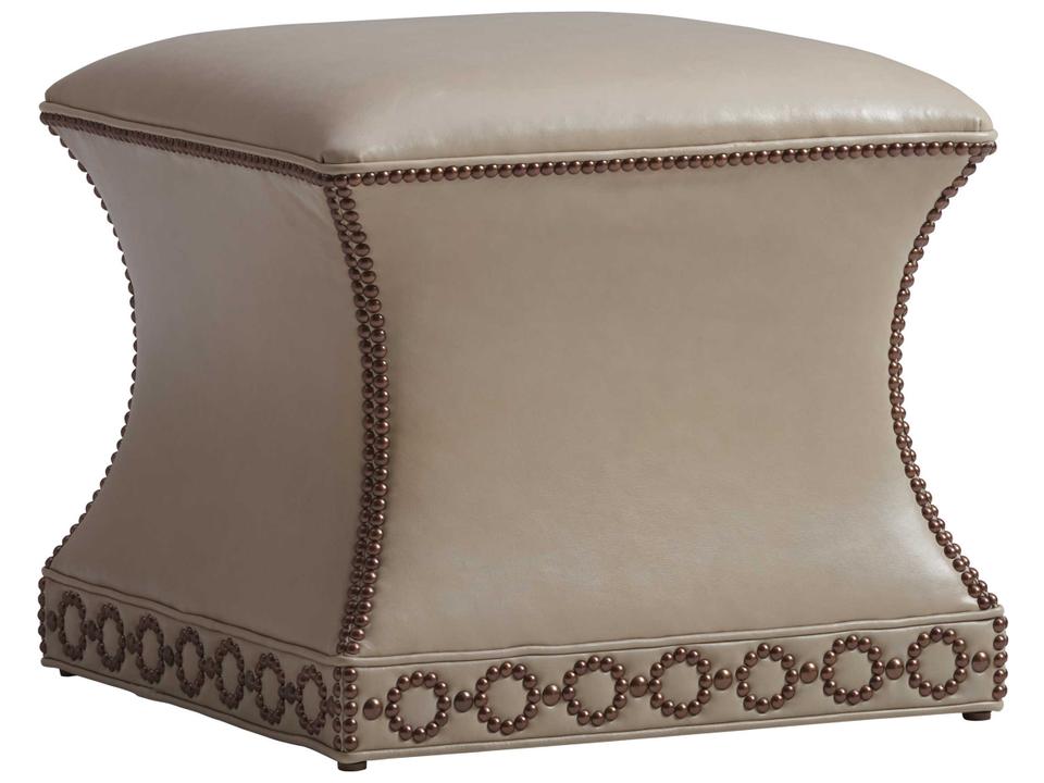 Carlyle Square Ottoman with Beige Leather and Nailhead Trim