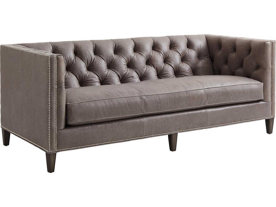 Ariana 3-Seat Monaco Tufted Leather Sofa in Brown with Nickel Nailhead Trim