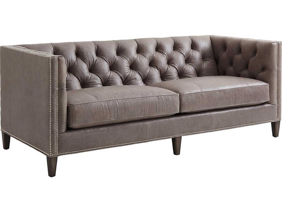 Ariana 3-Seat Misty Gray Brown Leather Sofa with Tufted Back and Nailhead Trim