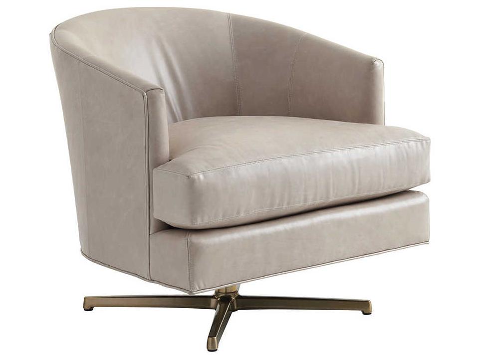 Graves Leather Swivel Accent Chair in Beige with Brass Base
