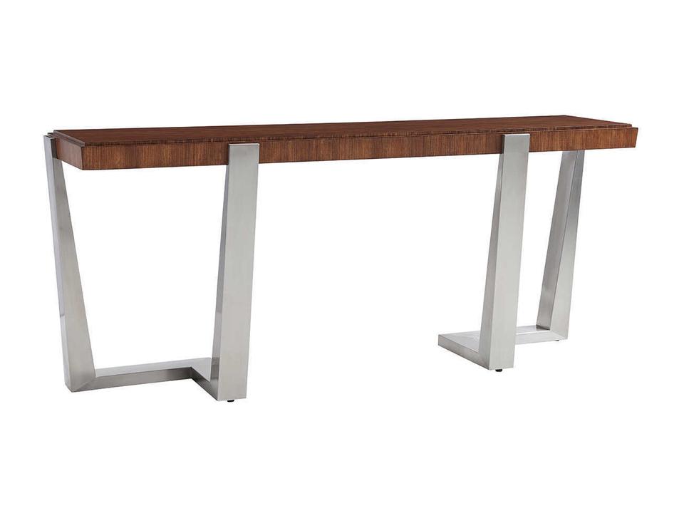 Kitano Langston Console Table with Zebrano Veneers and Stainless Steel Base