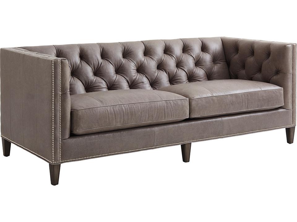 Ariana Camille Tufted Leather Sofa in Misty Gray with Nickel Trim
