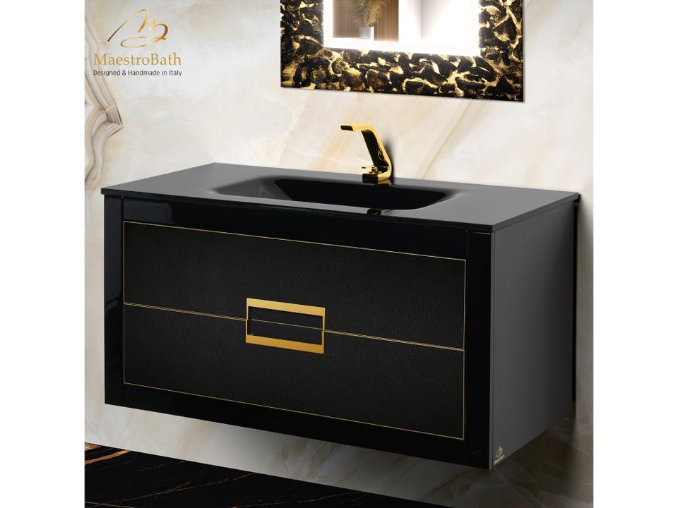 Incantesimo 40" Modern Bathroom Vanity  Black And Gold  Wall-Mounted  Glass Top: Integrated