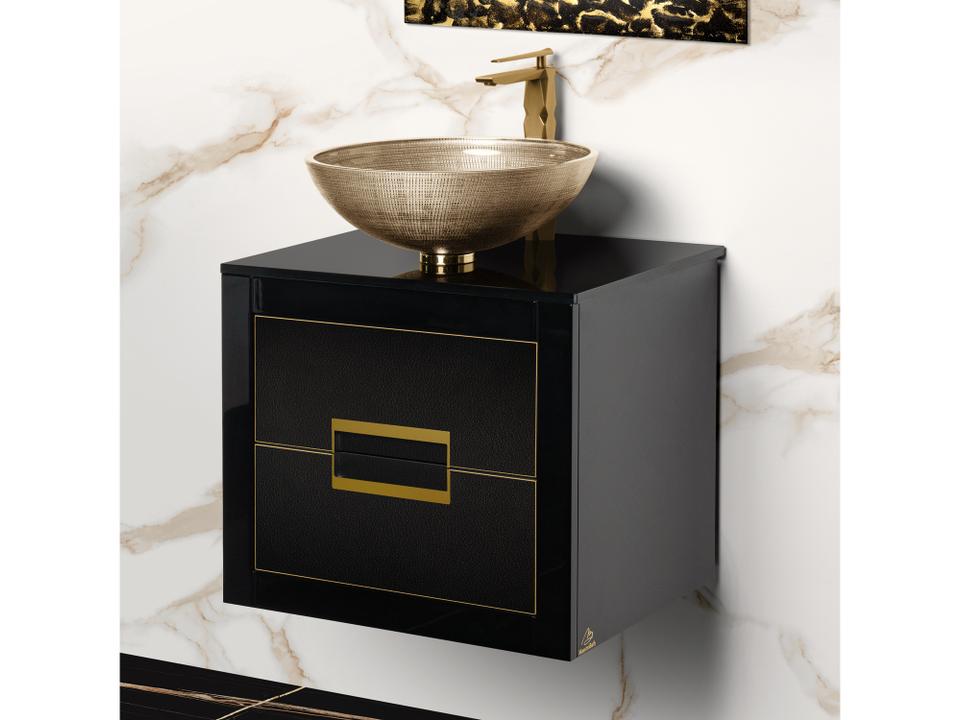 Incantesimo 24" Modern Bathroom Vanity  Black And Gold  Wall-Mounted  Glass Top: Integrated