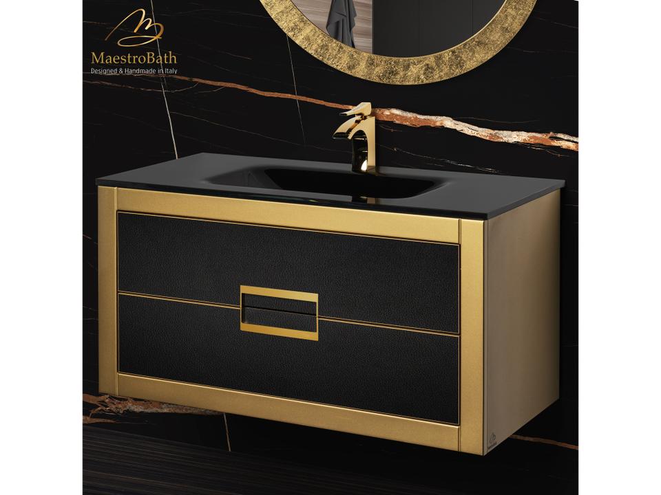Incantesimo 40" Modern Bathroom Vanity  Gold And Black  Wall-Mounted  Glass Top: Integrated