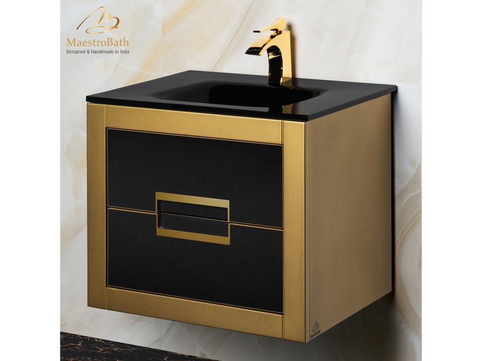 Incantesimo 24" Modern Bathroom Vanity  Gold And Black  Wall-Mounted  Glass Top: Integrated