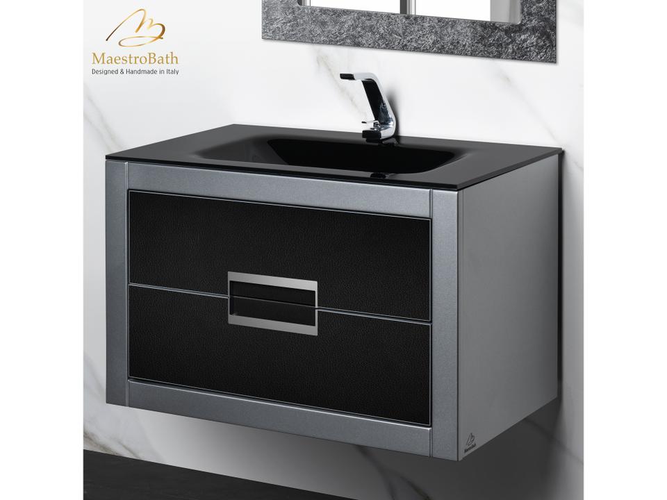 Incantesimo 32" Modern Bathroom Vanity  Silver And Black  Wall-Mounted  Glass Top: Integrated
