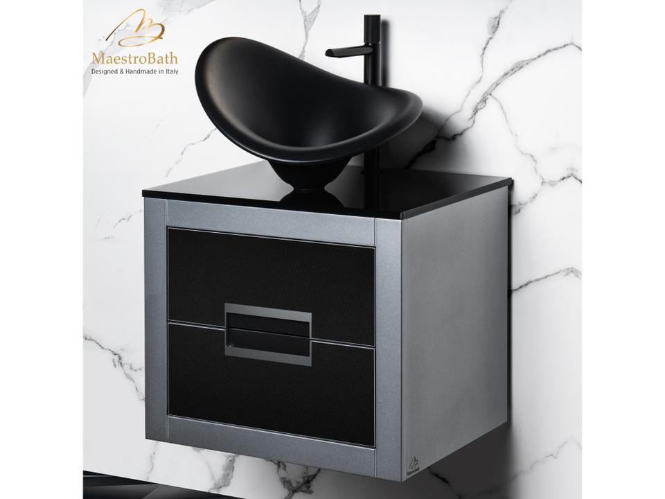 Incantesimo 24" Modern Bathroom Vanity  Silver And Black  Wall-Mounted  Glass Top: Flat
