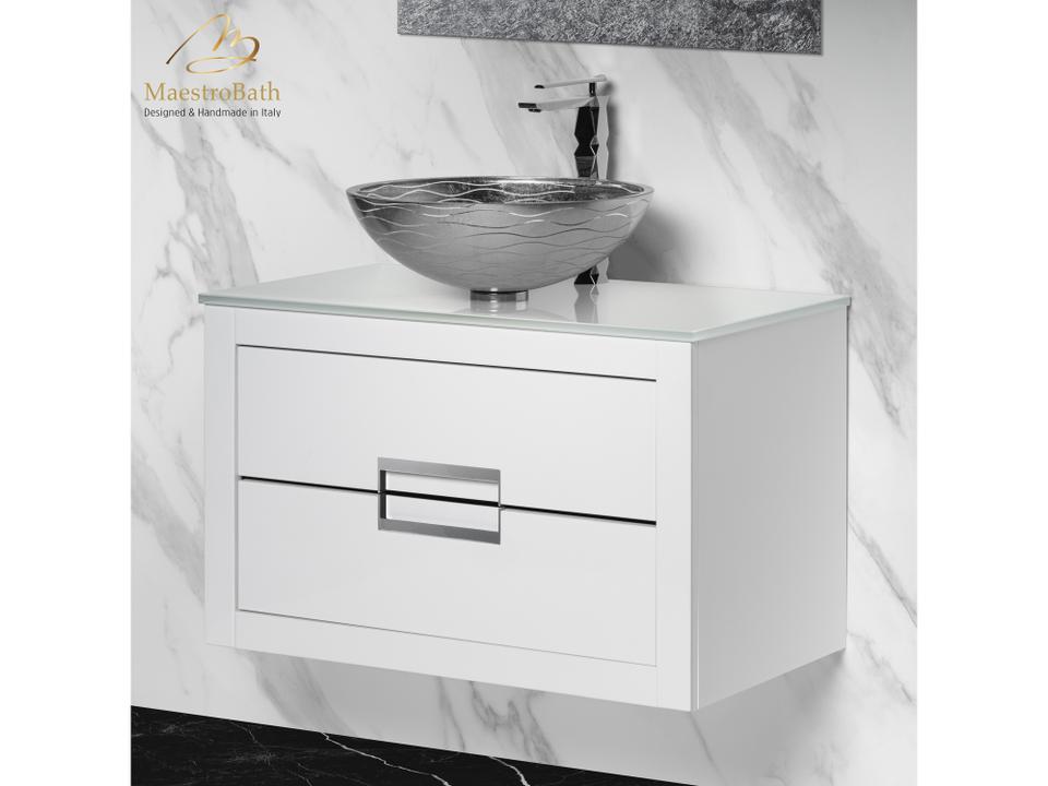 Incantesimo 32" Modern Bathroom Vanity  White And Silver  Wall-Mounted  Glass Top: Flat
