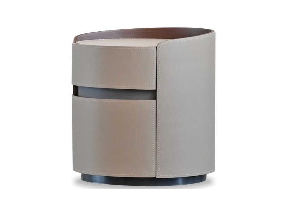 Merc Round End Table in Sand Leather with Walnut Edging