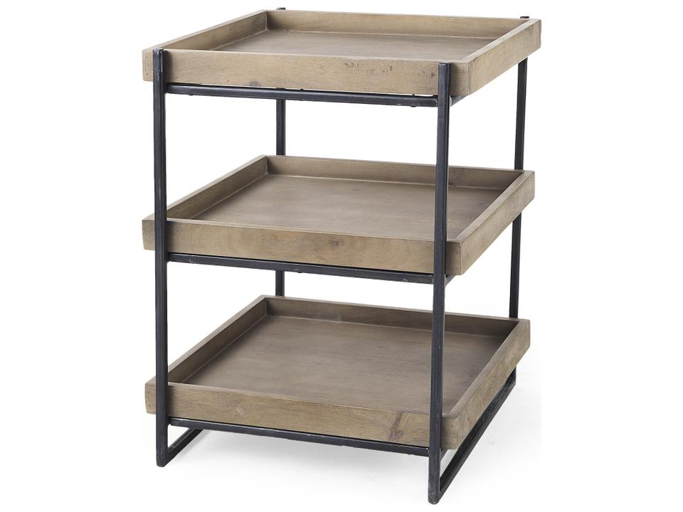 Trey III 20" x 26" Square Medium Brown Wooden Three-Tiered Black Iron Frame End/Side Table