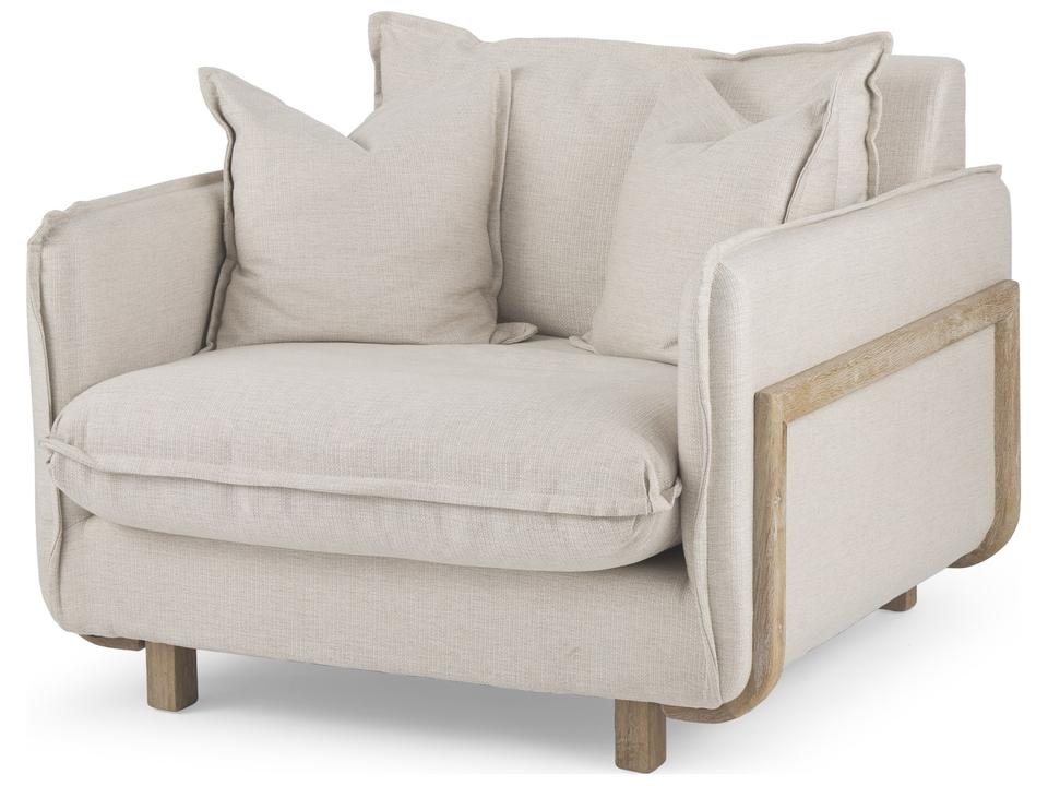 Roy II Beige Upholstered Accent Arm Chair with Brown Wood Frame
