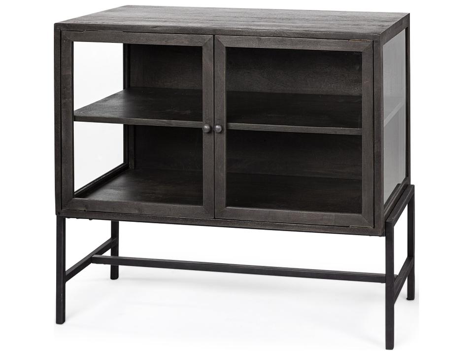 Arelius Black-Brown Mango Wood Accent Cabinet with Glass Doors