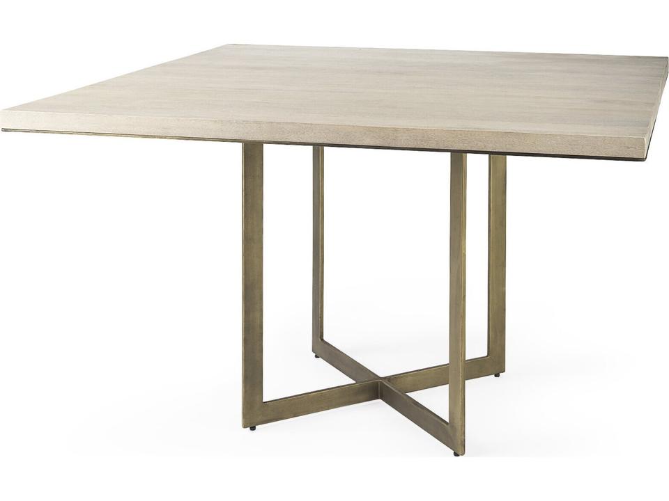Faye 48-Inch Square Dining Table in Beige Wood with Gold Metal Base