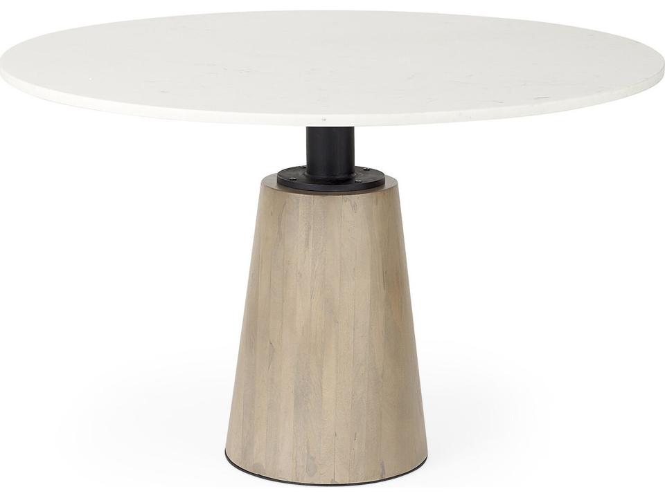 Maxwell 48-Inch Round White Marble Dining Table with Black Metal and Wood Base