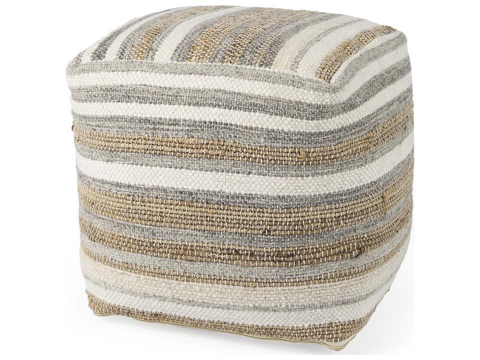Aahana Square Striped Hemp Wool and Cotton Pouf in White Taupe Gray