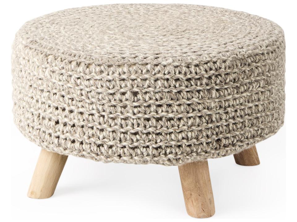 Bina Light Gray Wool 4-Legged Stool with Light Brown Wood Legs
