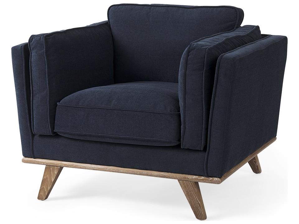 Brooks Navy Blue Fabric Accent Chair with Medium Brown Wooden Legs