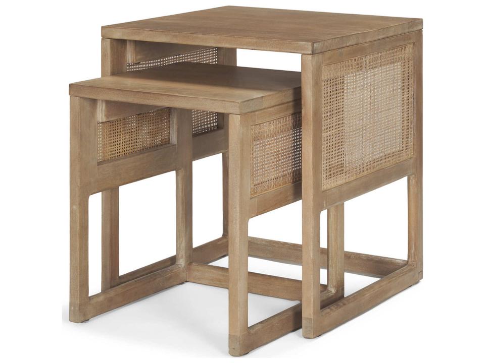 Grier Set of 2 Light Brown Solid Wood w/ Cane Nesting Accent Tables
