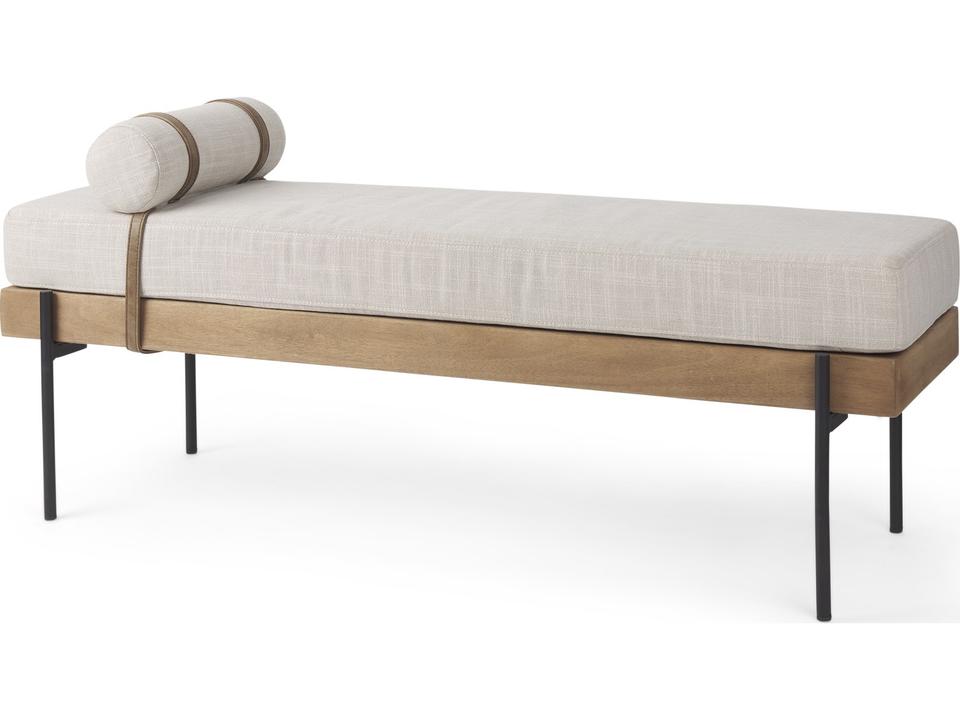 Colburne Cream Fabric Upholstered Bench with Brown Wood and Iron Legs
