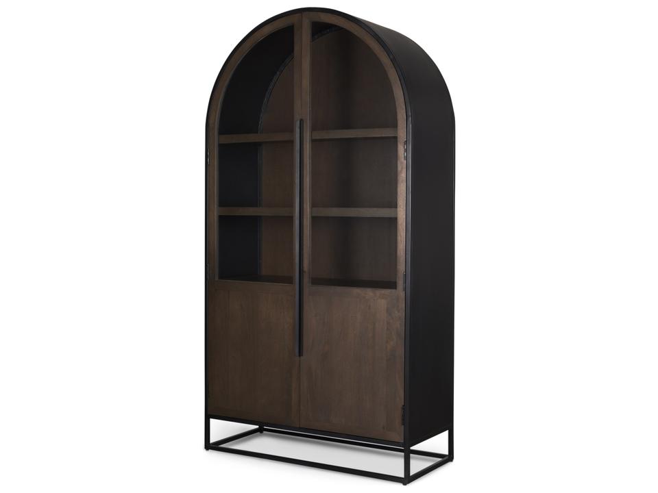 Sloan Arched Curio Cabinet in Dark Brown Mango Wood and Black Metal