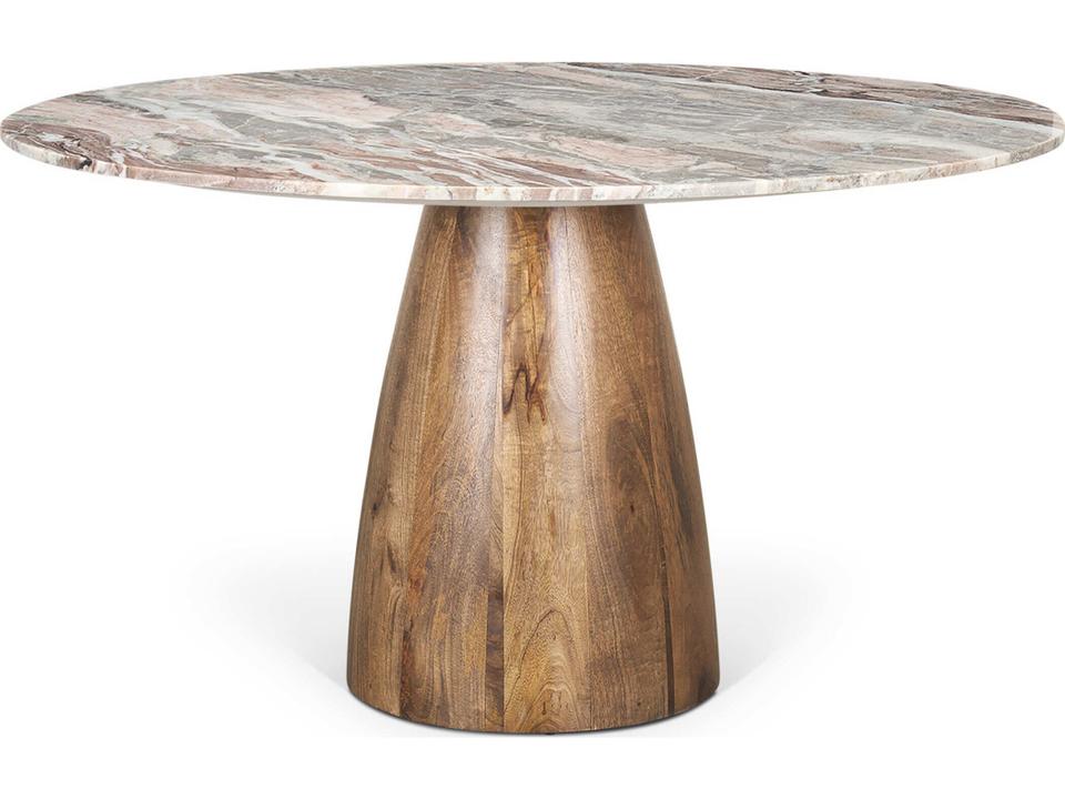 Allyson 54-Inch Round Pink Marble Top Dining Table with Brown Pedestal Base