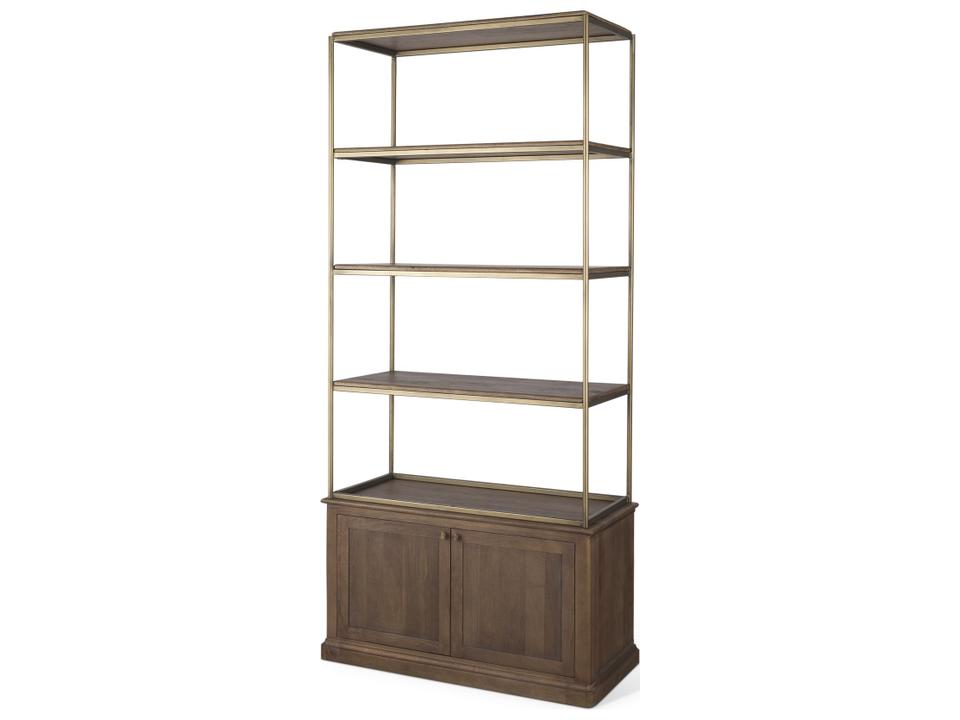 Baron 2-Door Open Shelving Unit in Dark Brown Wood with Antiqued Brass Metal