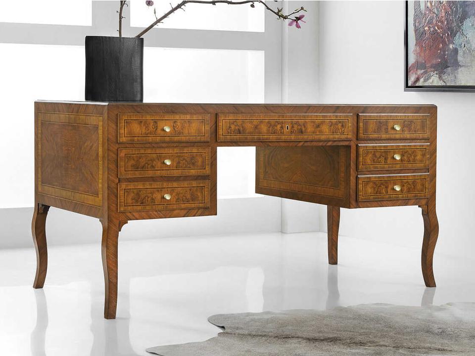 Bezier Secretary Desk in Brown Burlwood with Solid Brass Accents