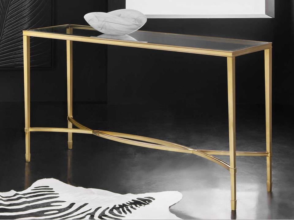 Brielle Rectangular Glass Console Table with Polished Brass Frame