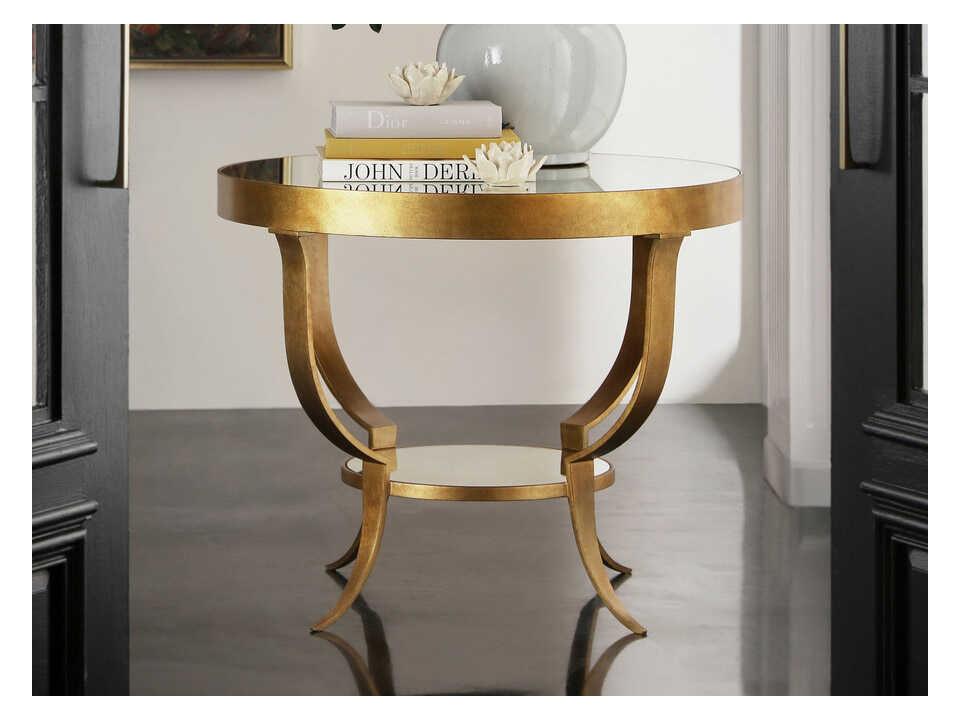 Gueridon Round Mirror End Table with Gold Forged Iron