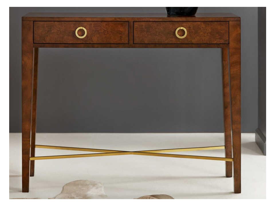 Modernist Rectangular Console Table with Walnut Burl Veneer and Brass Accents