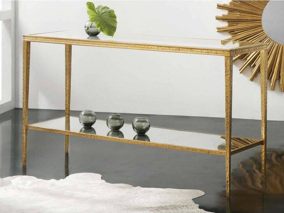 Sculpture Rectangle Glass Console Table with Antique Brass Finish