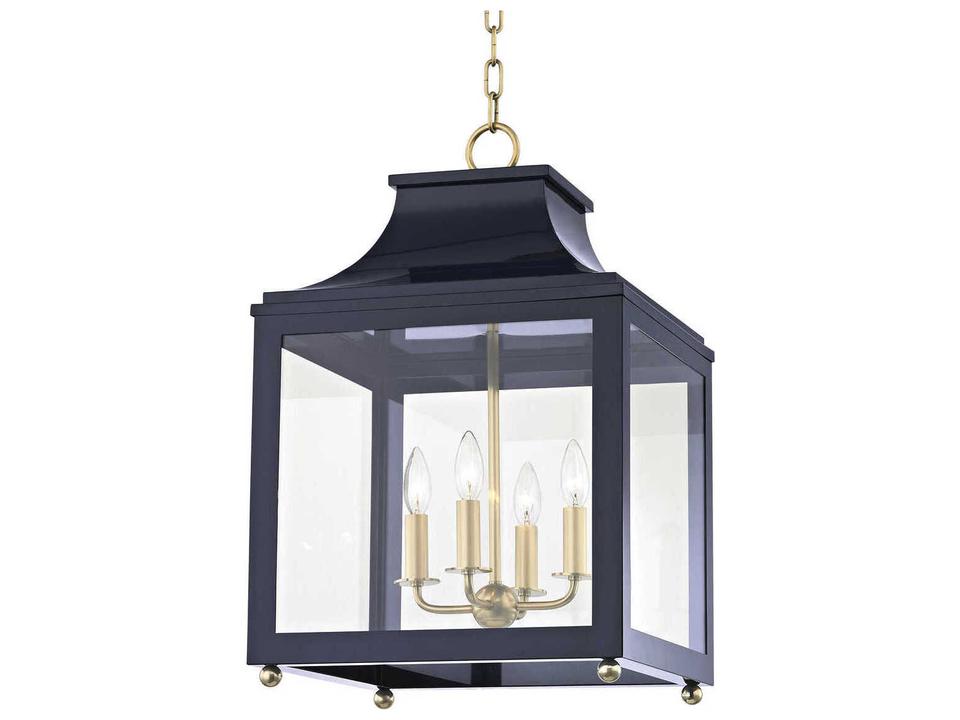 Leigh 4-Light Aged Brass Navy Blue Glass Candelabra Lantern Chandelier