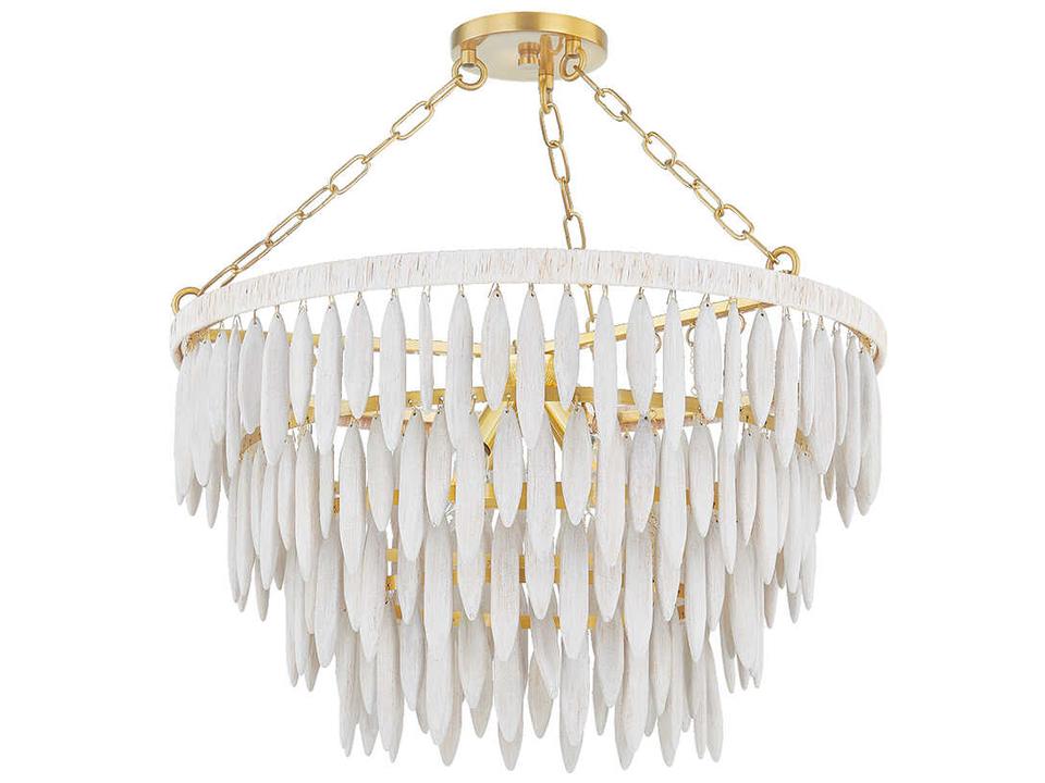 Tiffany 4-Light Chandelier with Whitewashed Wood Beads in Aged Brass