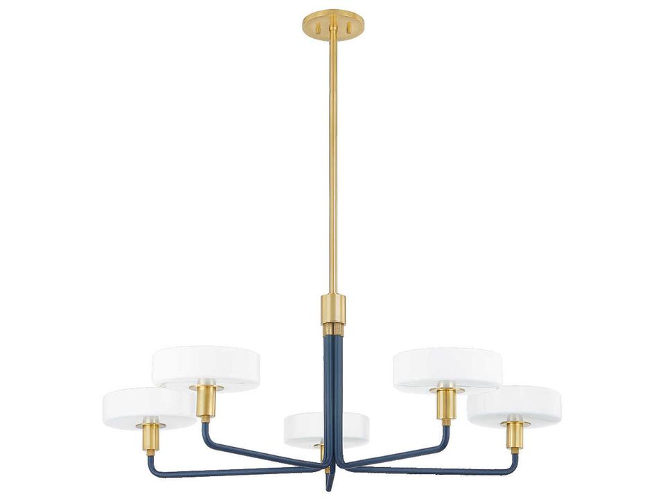 Aston 5-Light Aged Brass Slate Blue Chandelier with Opal Glass Shades