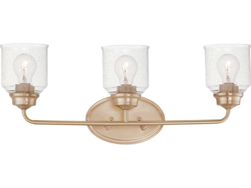 3-Light Acadia Vanity Light in Heritage Gold with Seedy Glass
