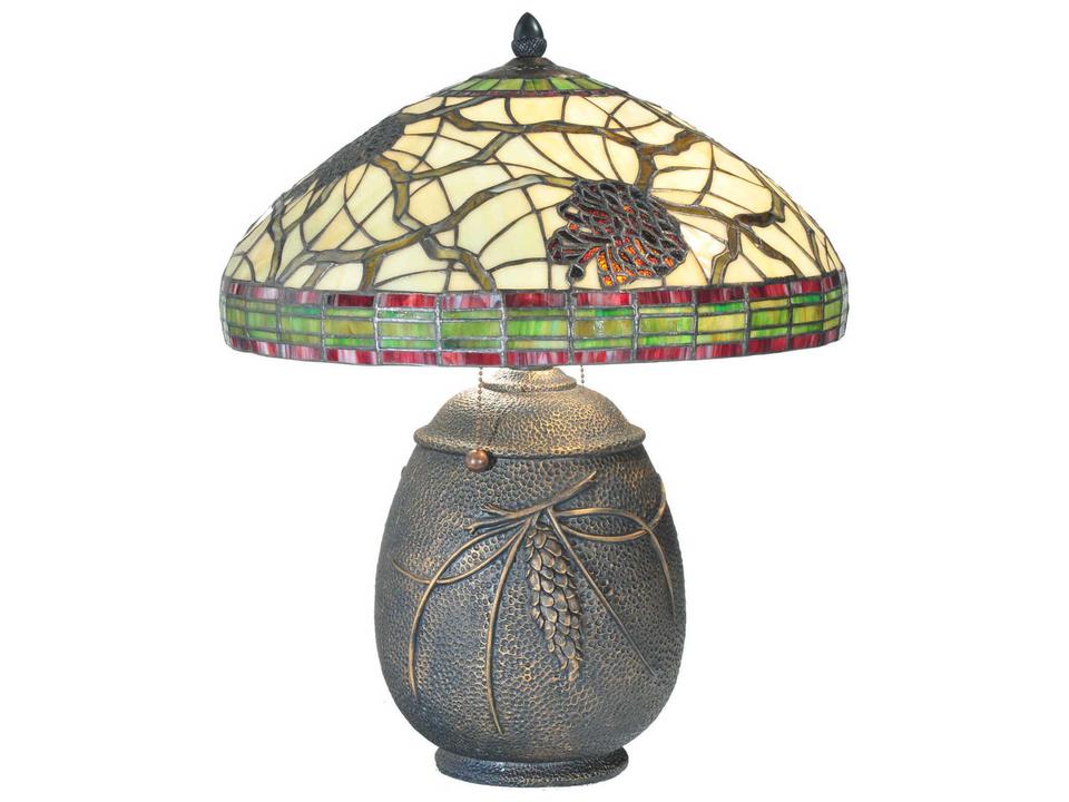Tiffany Burgundy Pinecone 2-Light Table Lamp with Stained Glass Shade