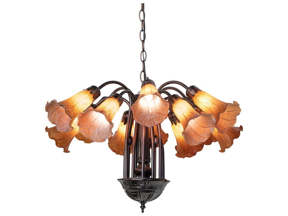 Tiffany 12-Light Pond Lily Chandelier in Amber Art Glass Mahogany Bronze
