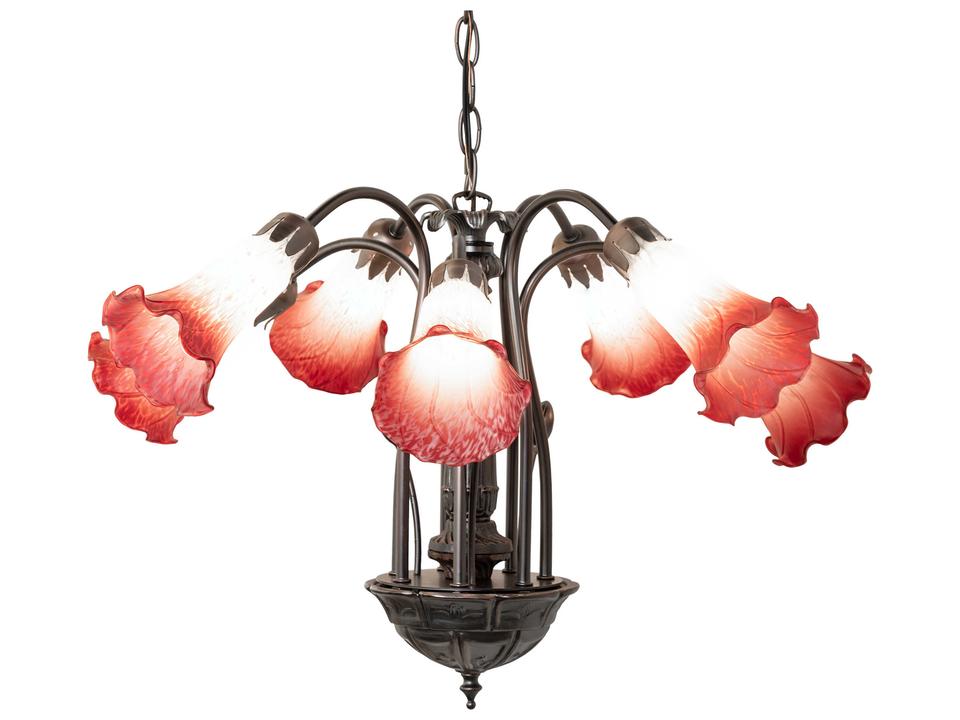 Pink White Tiffany Pond Lily 7-Light Chandelier in Mahogany Bronze