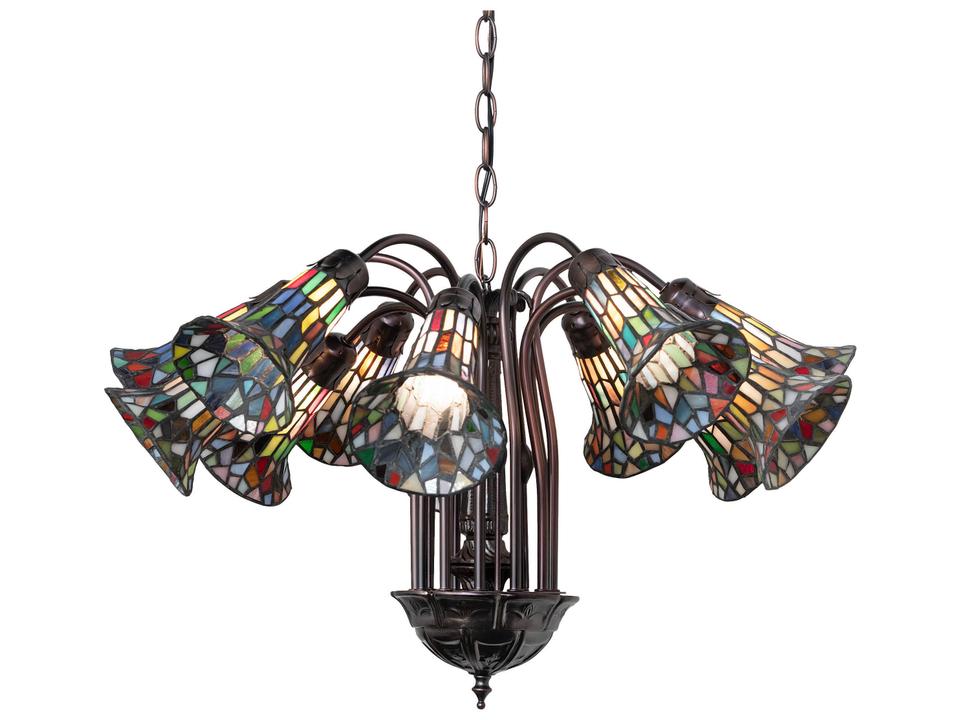 Tiffany Stained Glass Pond Lily 12-Light Chandelier in Mahogany Bronze