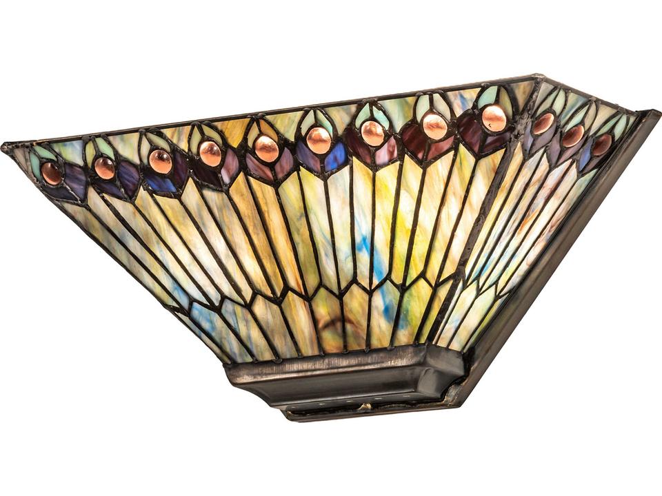 Tiffany Jeweled Peacock 2-Light Blue Glass Wall Sconce in Mahogany Bronze