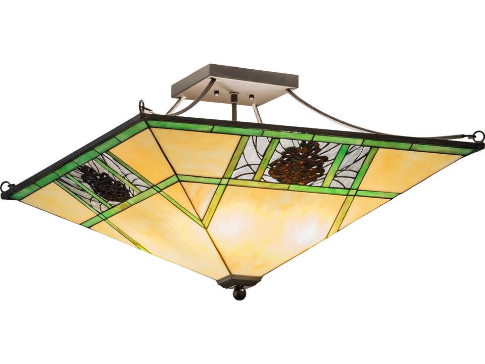 Pinecone Ridge 4-Light Oil Rubbed Bronze Semi-Flush Mount with Stained Glass Shade