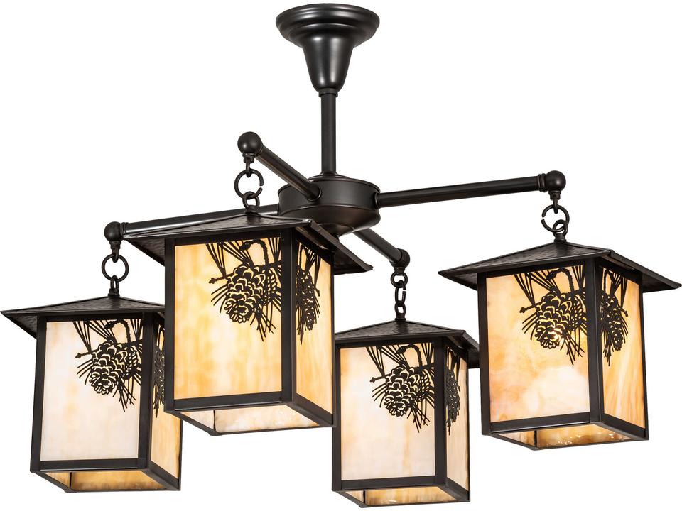 Seneca Winter Pine 4-Light Chandelier in Craftsman Brown with Beige Art Glass